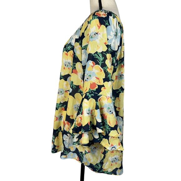 Chaps X-Large Top Floral Semi-Sheer Ruffled 3/4 Bell Sleeves Keyhole Round Neck - Picture 6 of 8